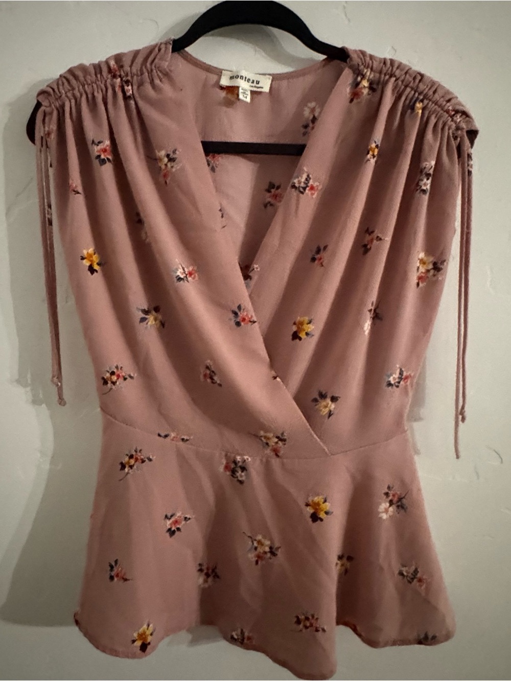 Monteau Floral Faux Wrap Peplum Mauve Rose Romantic Ruched Cap Sleeve Blouse M
